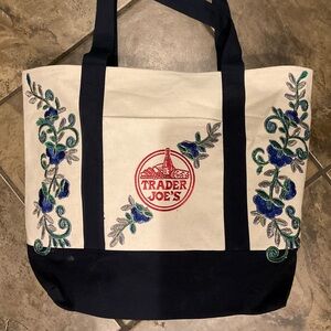 TRADER JOES EMBELLISHED LARGE TOTE BAG - navy/natural